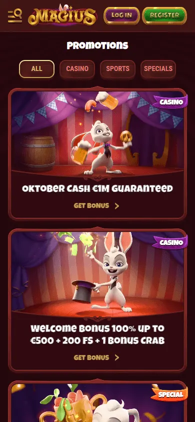 Magius Casino mobile promotions area with bonuses and free spins