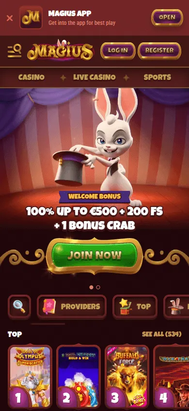 Magius Casino mobile website home on a compatible device