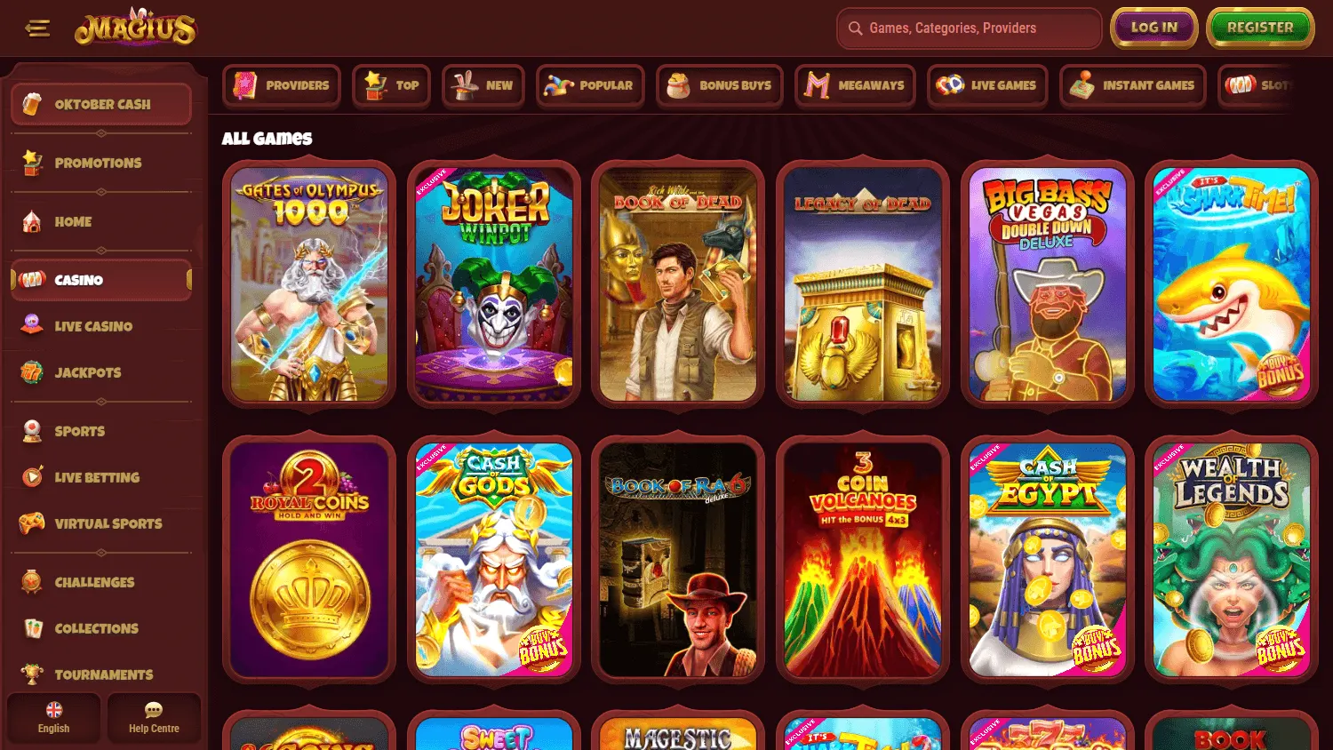 Magius Casino desktop games catalogue with casino and live game categories