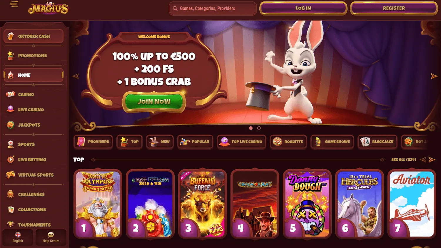 Magius Casino desktop home with casino, live dealer and betting options
