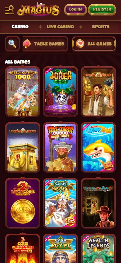 Magius Casino mobile games catalogue with casino and live options